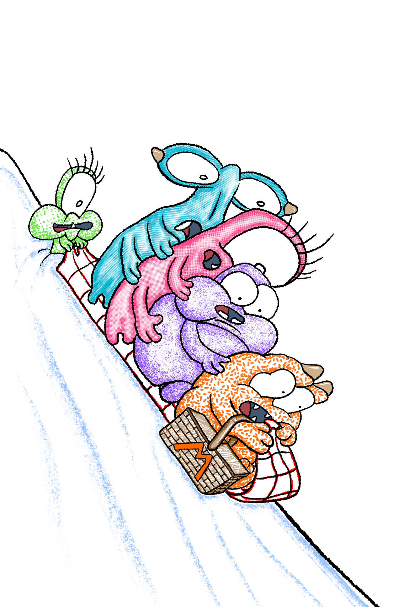 KCPlayLit decodables, science of reading, UFLI aligned.   Pip is holding onto the picnic blanket as they prepare to sled down a steep snow hill.  Tif, Pif, Pap, and Mat are on the blanket, eyes wide and nervous.