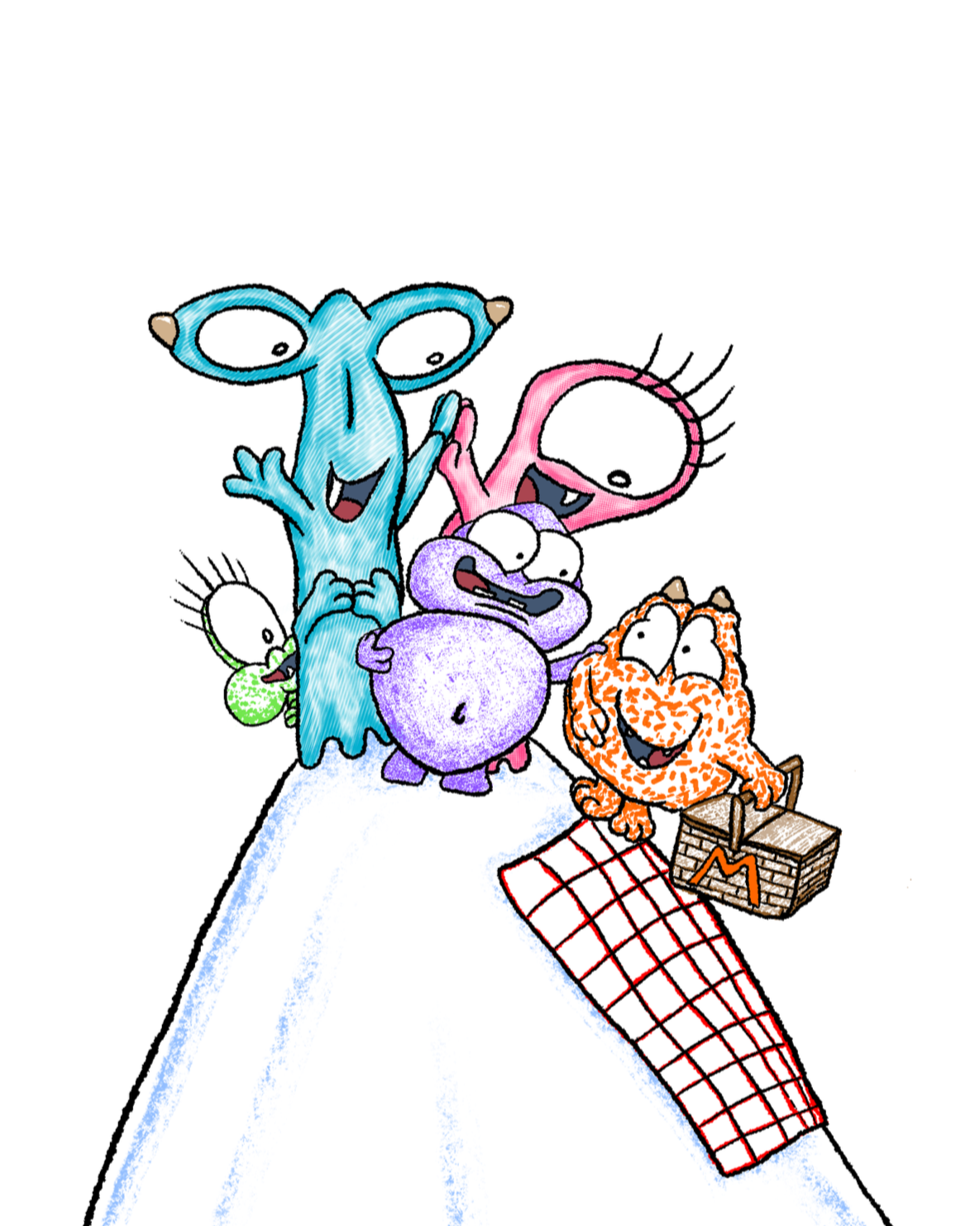 Set 1 Book 15 pg 6.  KCPlayLit Decodables.  Colorful cartoon characters, Pip, Tif, Pif, Pap, and Mat, with big eyes and smiles, standing together on a white hill, with Mat holding his M basket and a picnic blanket with a red checkered pattern, .