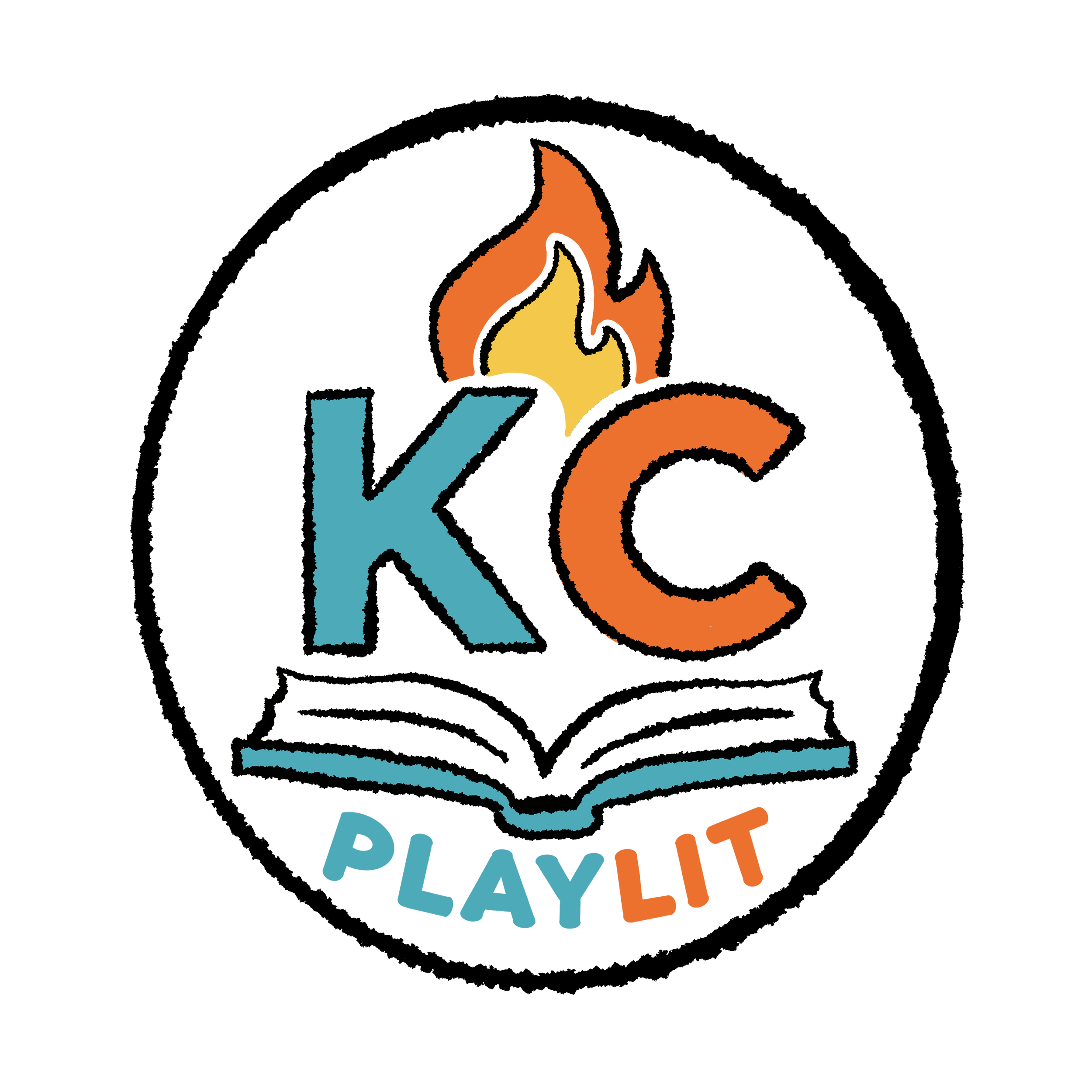 "KC PlayLit logo — flame rising from open book with KC initials", "playlit" below the book.  Bridging Play and Literacy.