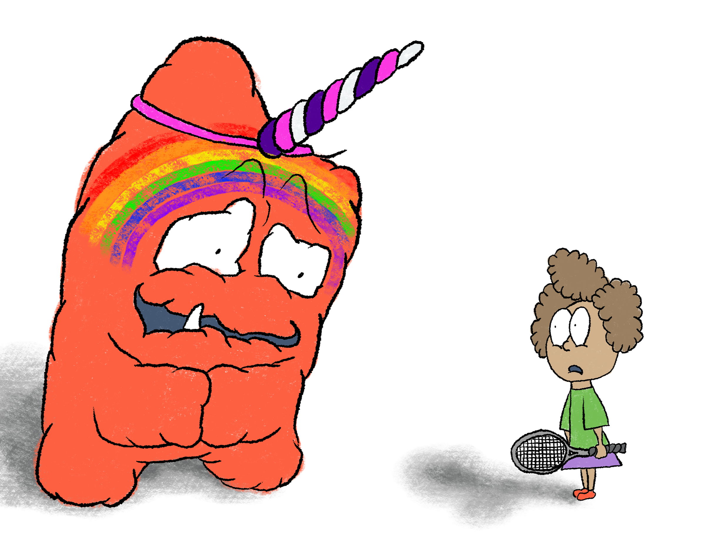 KC Bagley's early reader series featuring Big Red and Little Blue monsters.  Big Red monster with a unicorn horn and rainbow painted on his face attempting to befriend a little girl with curly brown hair.KCPlayLit. Science of reading. Bridging play