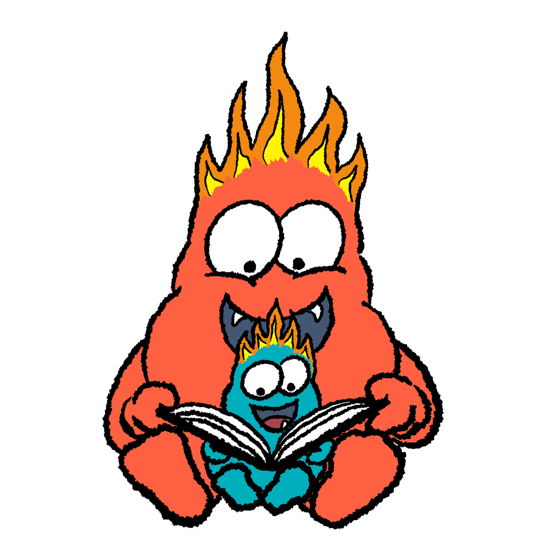KCPlayLit character logo.  Big red monster reading with a small blue monster, both heads in flame.  Lit up by literacy.