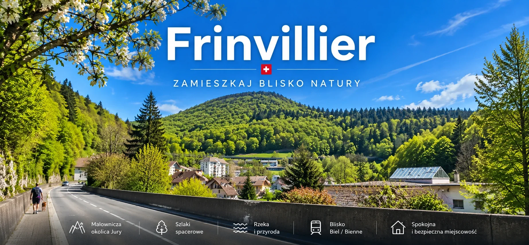 Grafika promocyjna miejscowości Frinvillier otoczonej zielonymi wzgórzami Jury Szwajcarskiej.