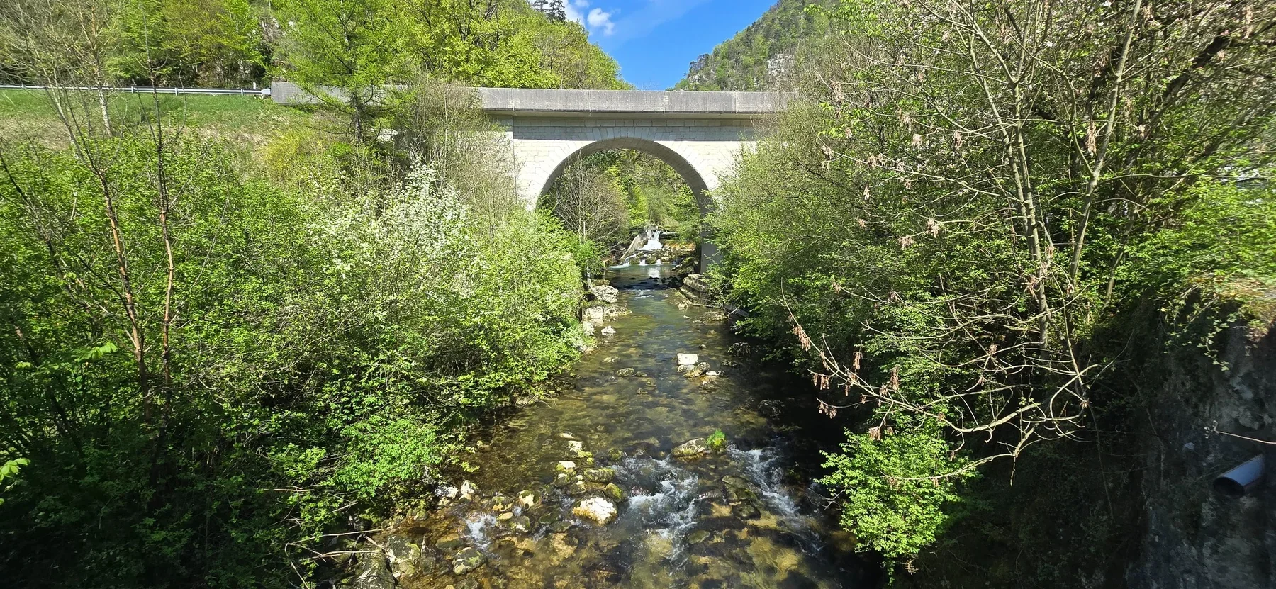 Kamienny most łukowy nad potokiem w otoczeniu zieleni w pobliżu wąwozu Taubenloch we Frinvillier.