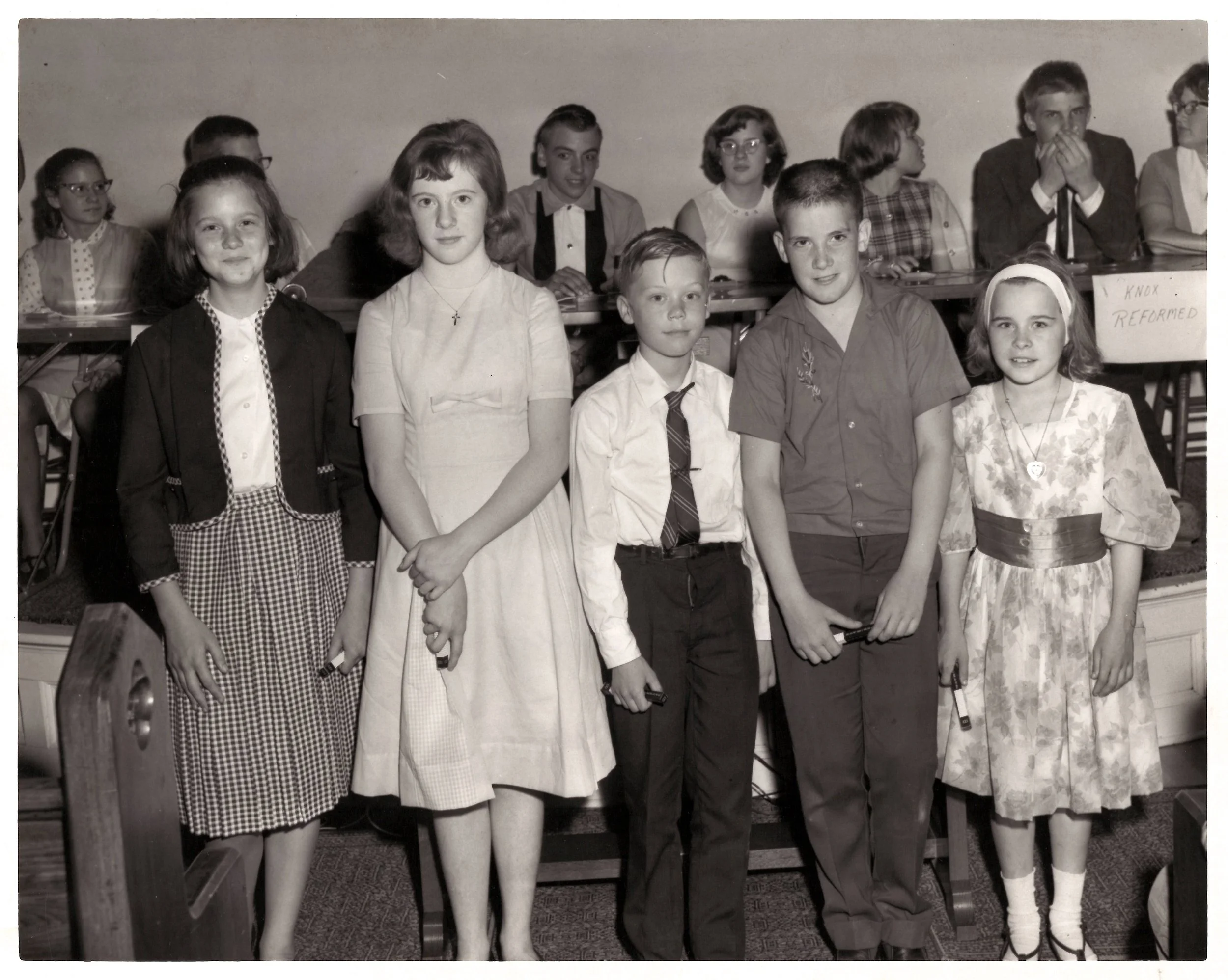 Helderberg Church School Association's "Little Rural Church Contest". At West Berne-Beverdam Ref Church, 1965. 
Front L-R: ?? Tallman, Diana Thomas, Anthony Wallace, Ronald Healt, and Debbie Flagler
Back row L-R: ??, Alan Zuk, Lydia Shedina, Cynthia 
