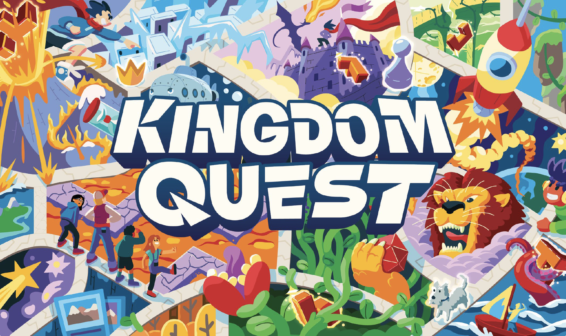 Colorful board game illustration with characters and elements such as a volcano, a castle, a lion, a rocket, a dragon, and several adventurers, along with the text "Kingdom Quest" in bold letters.