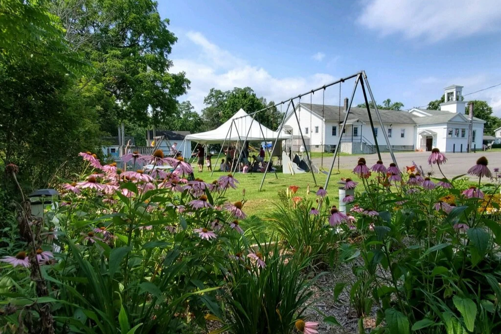 A backyard with pink cone flowers, a swing set, a white canopy tent, and a group of people gathered underneath the tent on a grassy area. There are trees and a white building in the background under a partly cloudy sky.