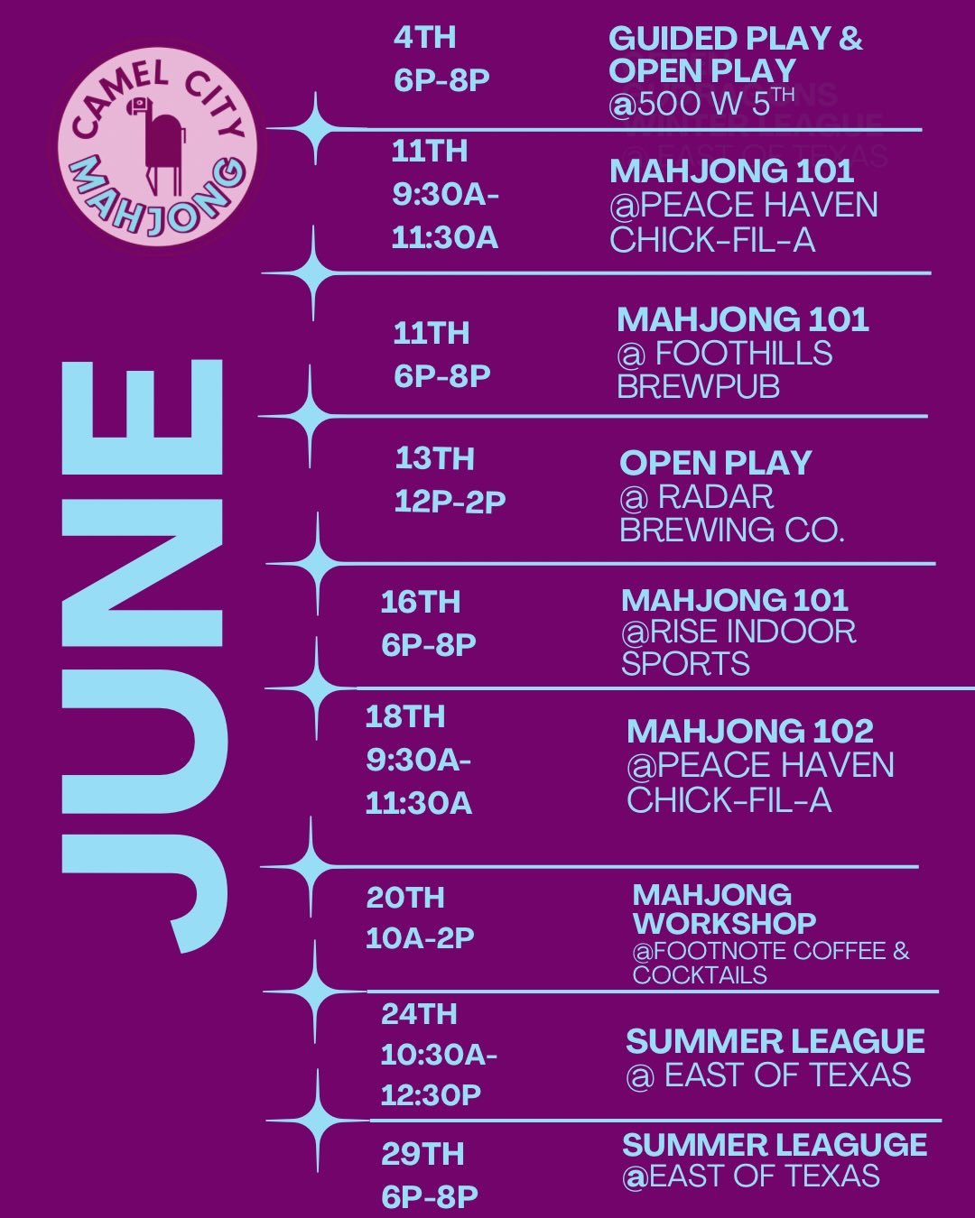 We&rsquo;ve &ldquo;unofficially&rdquo; kicked off summer, and we&rsquo;re ready for lots of Mahj fun in June! ☀️🀄️

The month is filled with opportunities to learn, play, and connect around the table. Swipe left for details on each event, then tap t