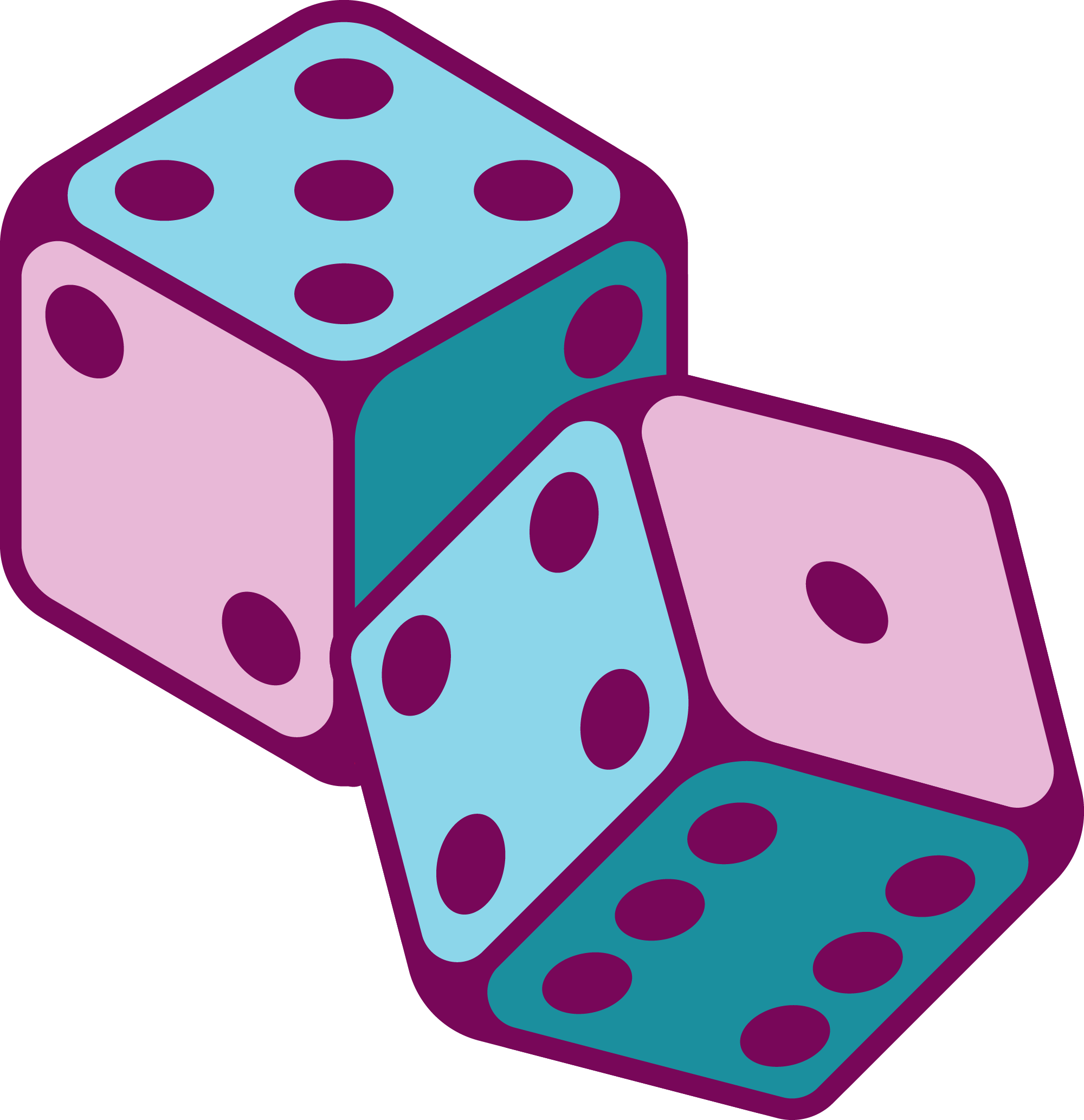 Colorful dice illustration symbolizing gameplay, strategy, and fun within Camel City Mahjong lessons and events in the Triad.