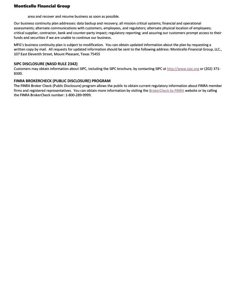 Document titled 'Monticello Financial Group' outlining business continuity plan, SIPC disclosure, and FINRA broker check information.