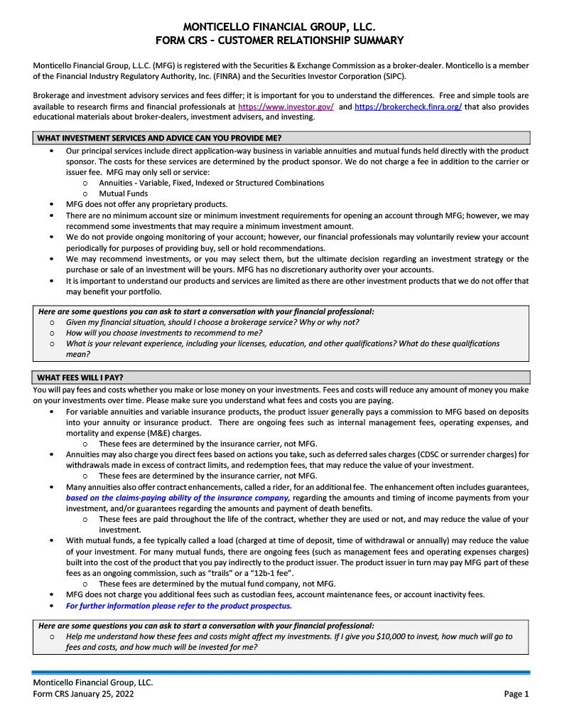 A document titled 'Monticello Financial Group, LLC. Form CRS - Customer Relationship Summary' discussing investment services, fees, and questions to ask a financial professional.