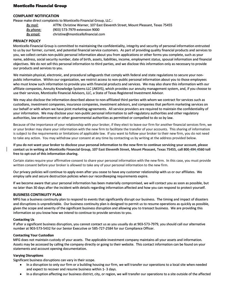 Monticello Financial Group complaint notification letter with contact details, privacy policy, and business continuity plan.