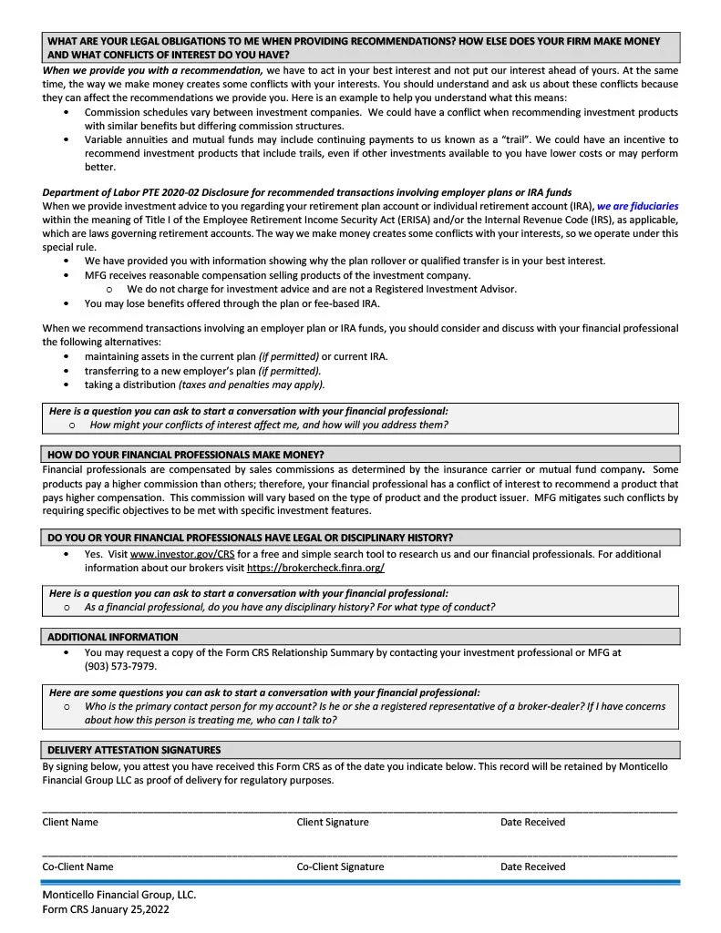 A printed financial document titled 'Form CRS' with sections on legal obligations, disclosures, transaction advice, and signatures, dated January 25, 2022, from Monticello Financial Group, LLC.