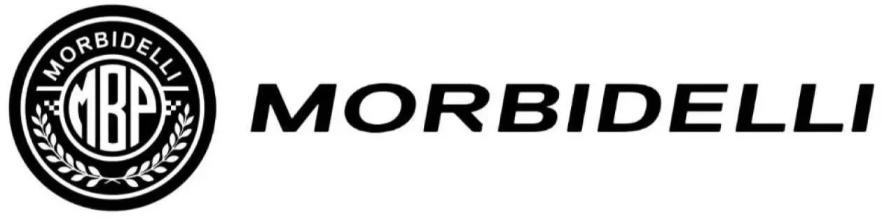 Logotipo en negro y blanco de Morbidelli, con letras en negrita y un escudo circular con letras MBP y la marca Morbidelli alrededor.
