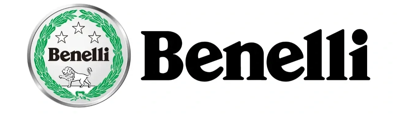 Logotipo de Benelli con león y laureles verdes.