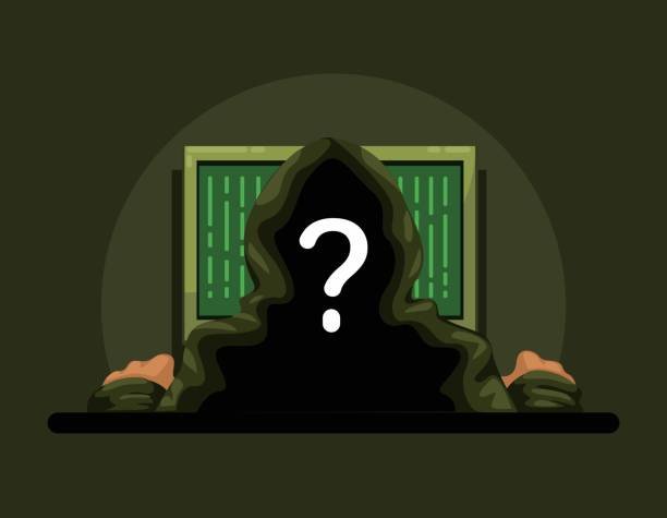 Silhouette of a person in hoodie sitting at a computer with a question mark on their face, in a dark room with code on computer screen.