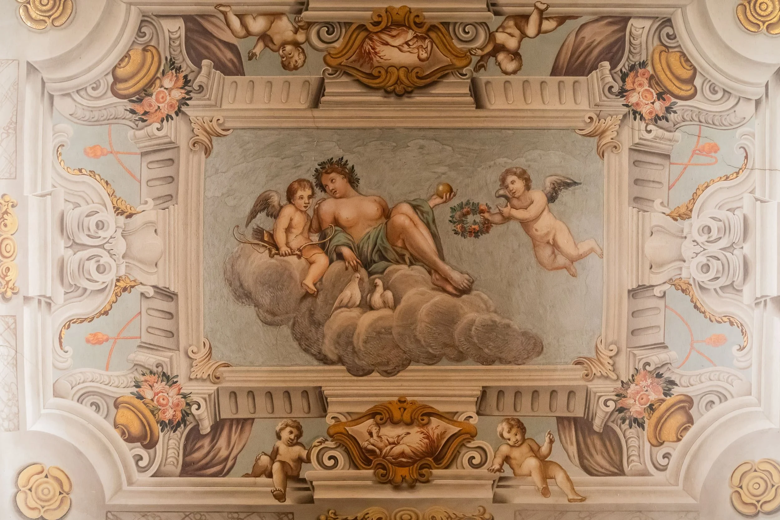 Baroque-style ceiling fresco depicting the mythological figure Venus sitting on a cloud with cherubs around her, one offering a laurel wreath and another holding a golden apple, with other cherubs flying nearby and ornate decorative elements surrounding the scene.