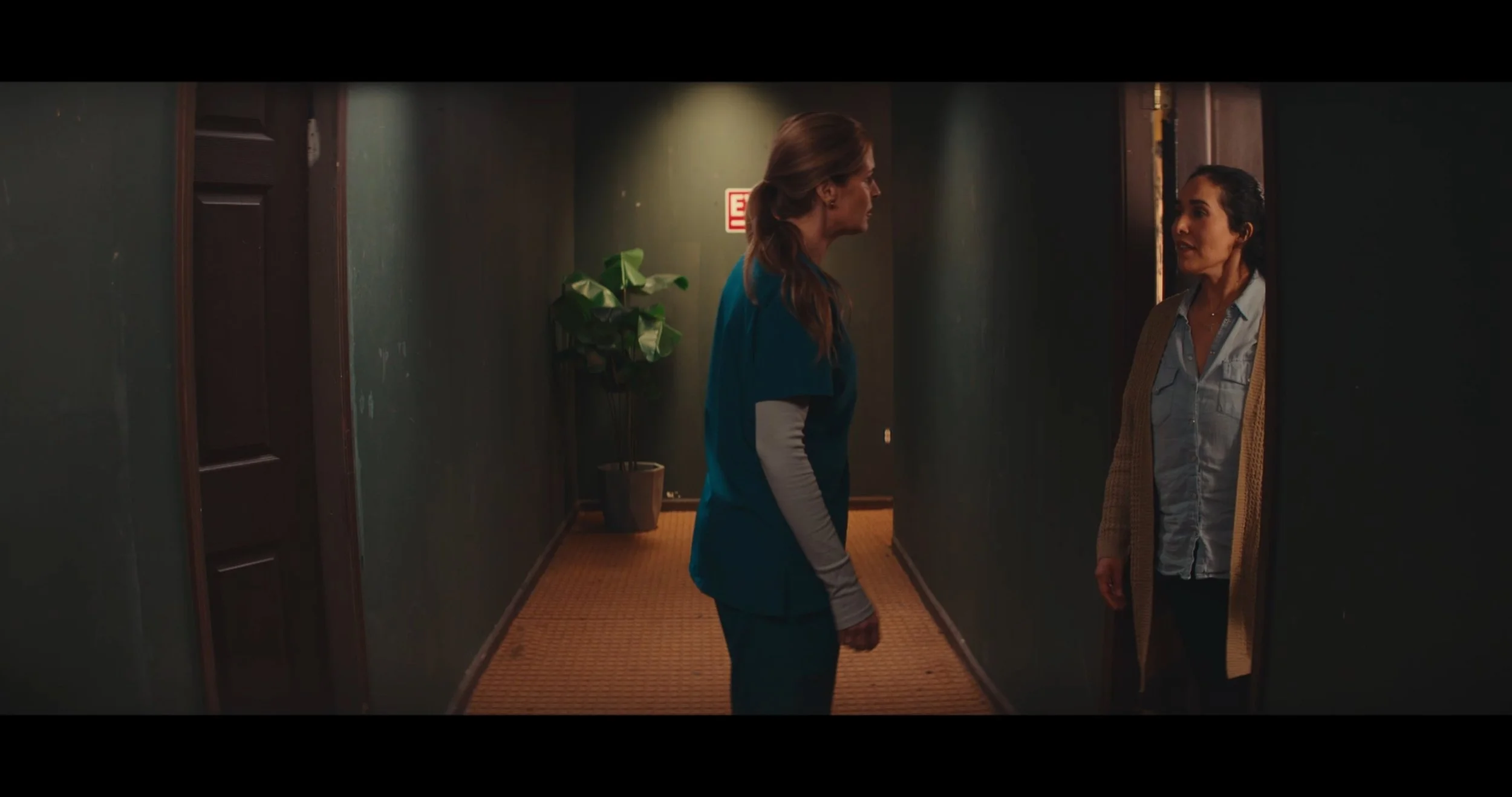 Two women having a conversation in a dimly lit hallway, one standing in front of a doorway, the other facing her, with a green wall and a potted plant in the background.
