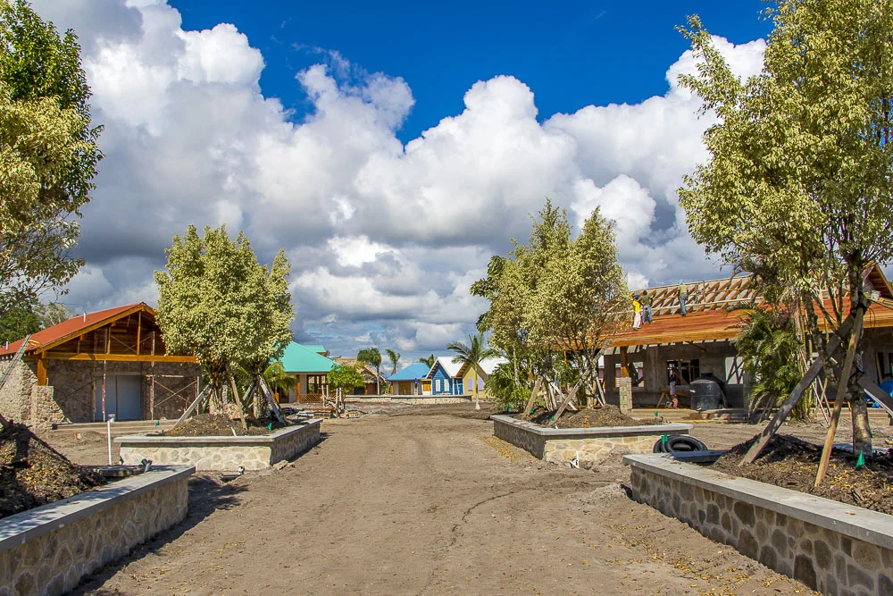 A residential street under construction with houses being built, trees planted along the sidewalk, and workers on the roof of a house. Clouds are in the sky.