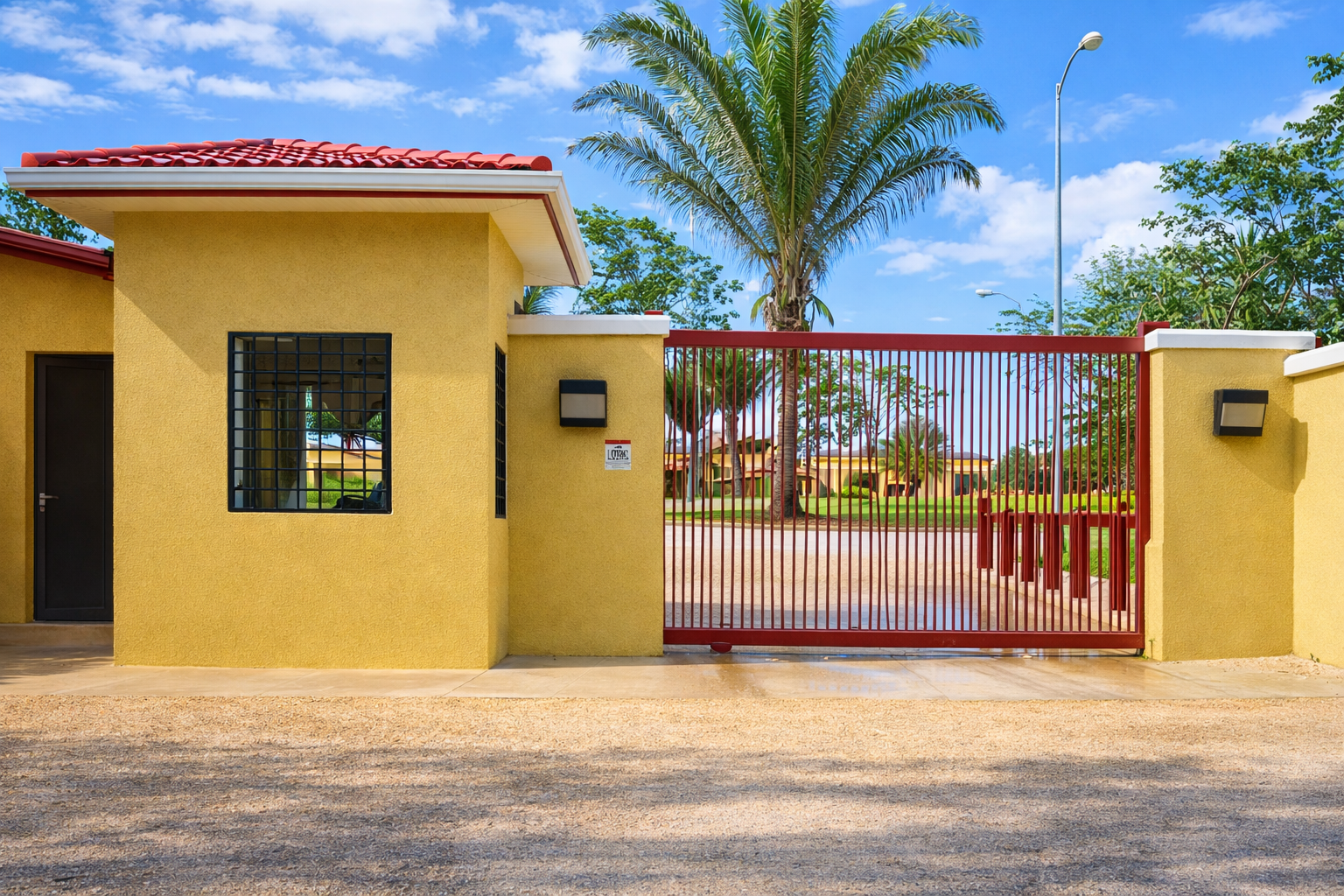 Yellow gated entrance with black door and window bars, surrounded by walls, leading to a lush green yard with palm trees, under a blue sky with scattered clouds.