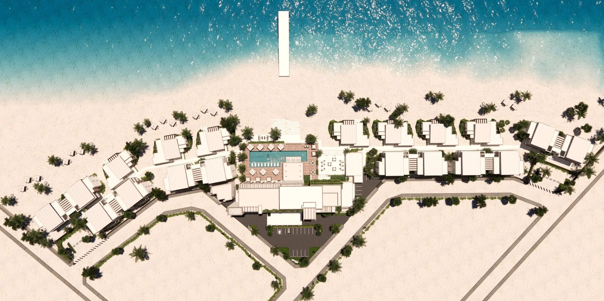 Aerial view of a beachfront resort with white buildings, a swimming pool area, palm trees, and a sandy beach with lounge chairs and umbrellas, overlooking the ocean.