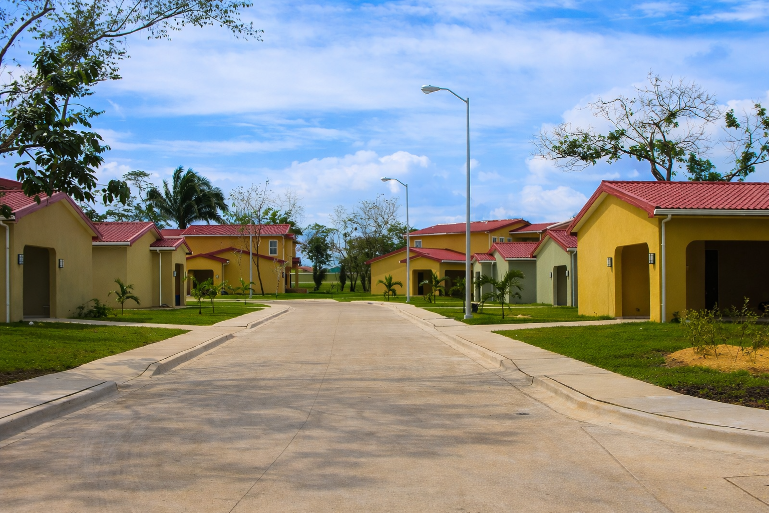Residential neighborhood with colorful houses, palm trees, and streetlights under a partly cloudy sky.