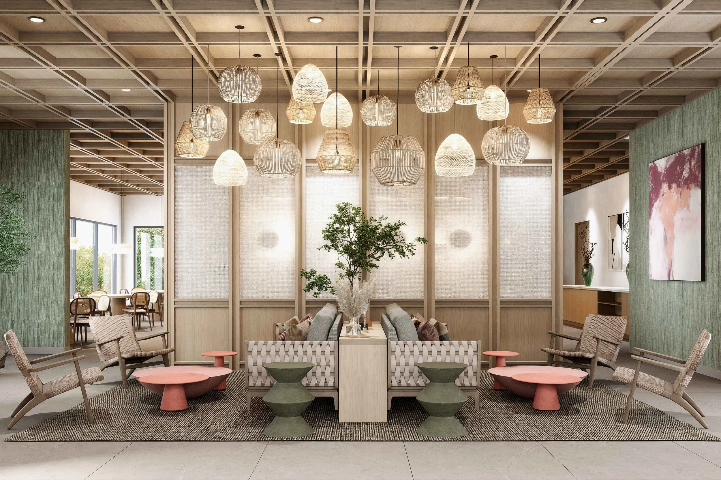Interior view of a modern dining area with hanging light fixtures, a central tree, and various chairs and tables, with large windows.