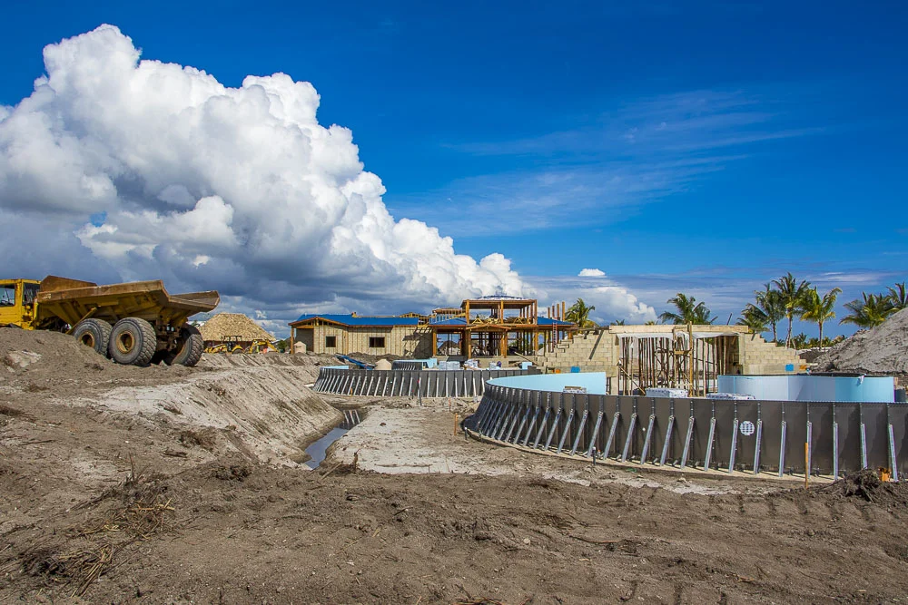 Construction site with a large dump truck, building structures, and palm trees in the background under a partly cloudy sky.