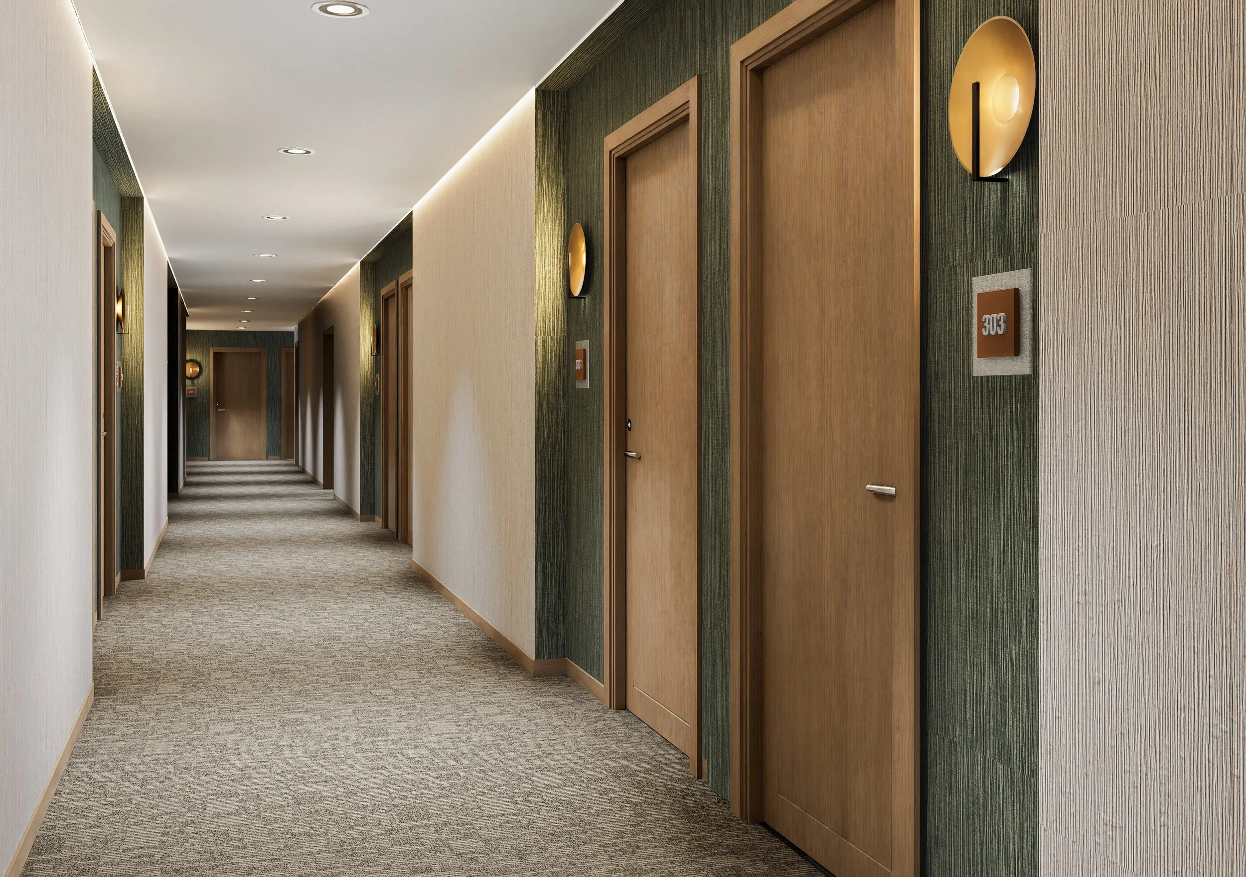 Hallway with hotel elevators on the right side and doors leading to rooms. Walls are decorated with textured wallpaper and wall sconces, and the ceiling has recessed lighting.