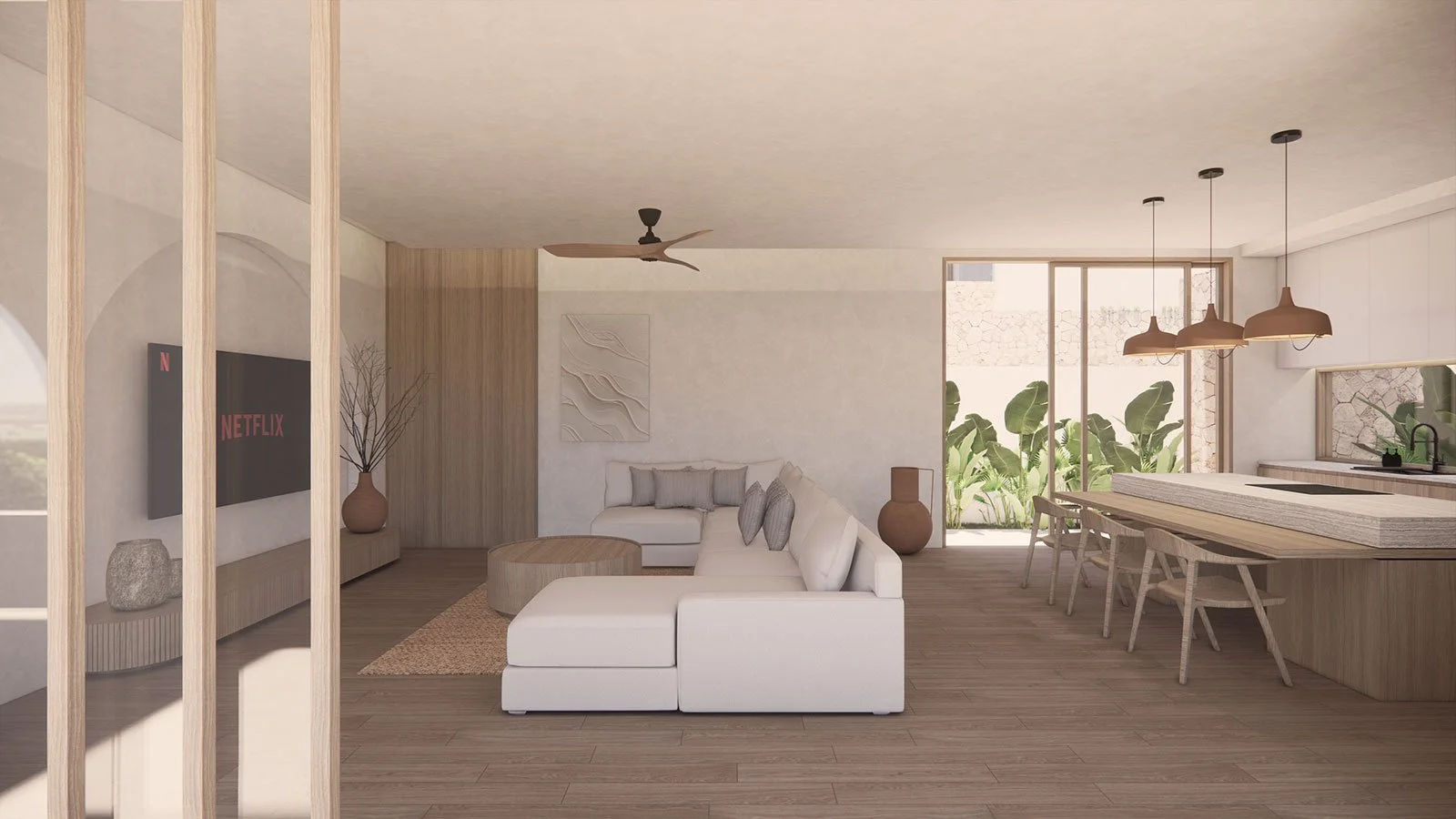 Modern living room with white sectional sofa, wooden accents, hanging pendant lights, and large glass sliding door opening to outdoor greenery.