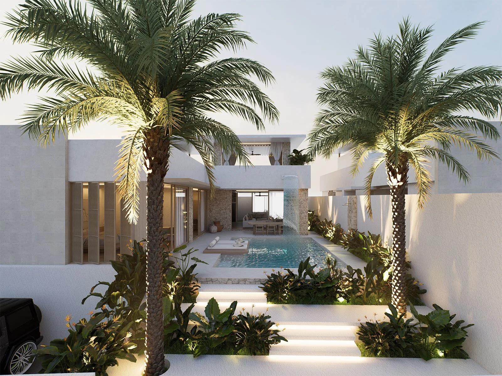 Modern backyard with a swimming pool, two large palm trees, and stylish outdoor furniture, featuring a two-story white house with large glass doors and windows, surrounded by lush landscaping and ambient lighting at dusk.