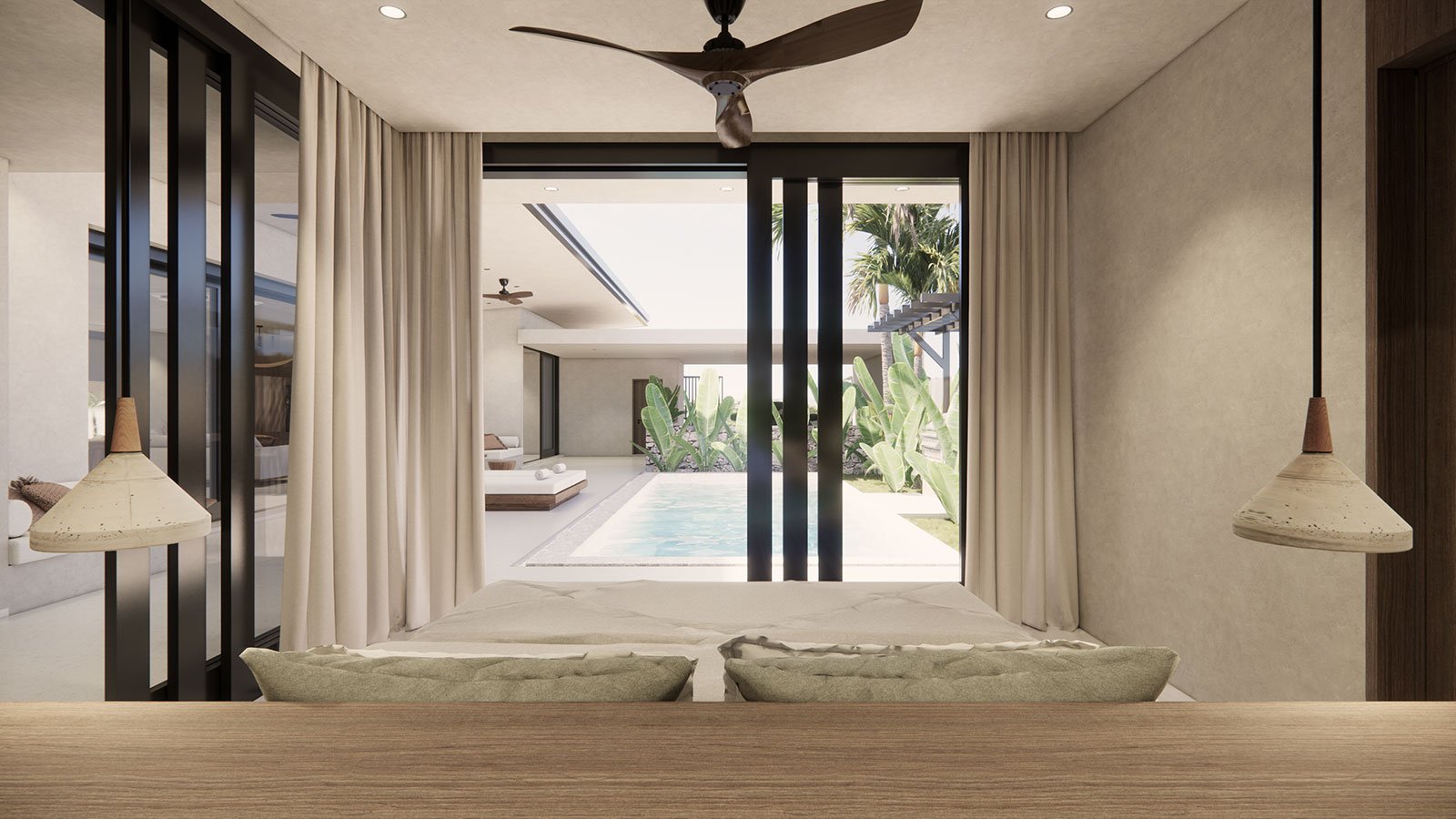 Bedroom with view of outdoor pool and patio, cream curtains, ceiling fans, and tropical plants