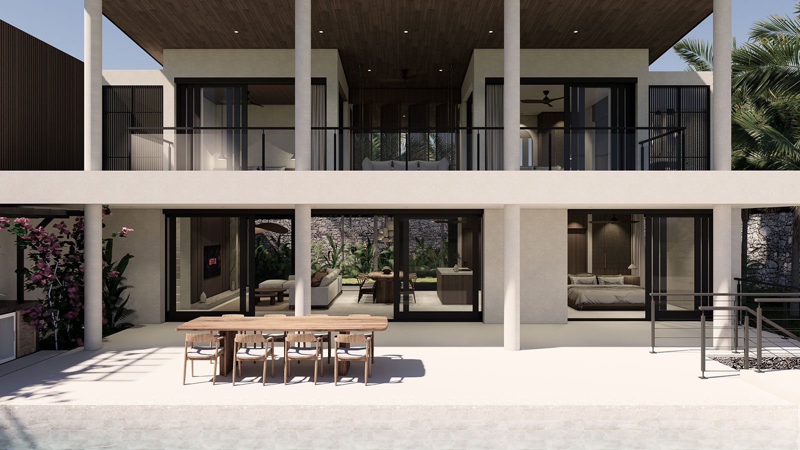 Modern multi-story house with outdoor terrace, large glass doors, and balcony. Interior spaces visible include living room, bedroom, and kitchen. Outdoor area has a dining table with eight chairs and surrounding greenery.