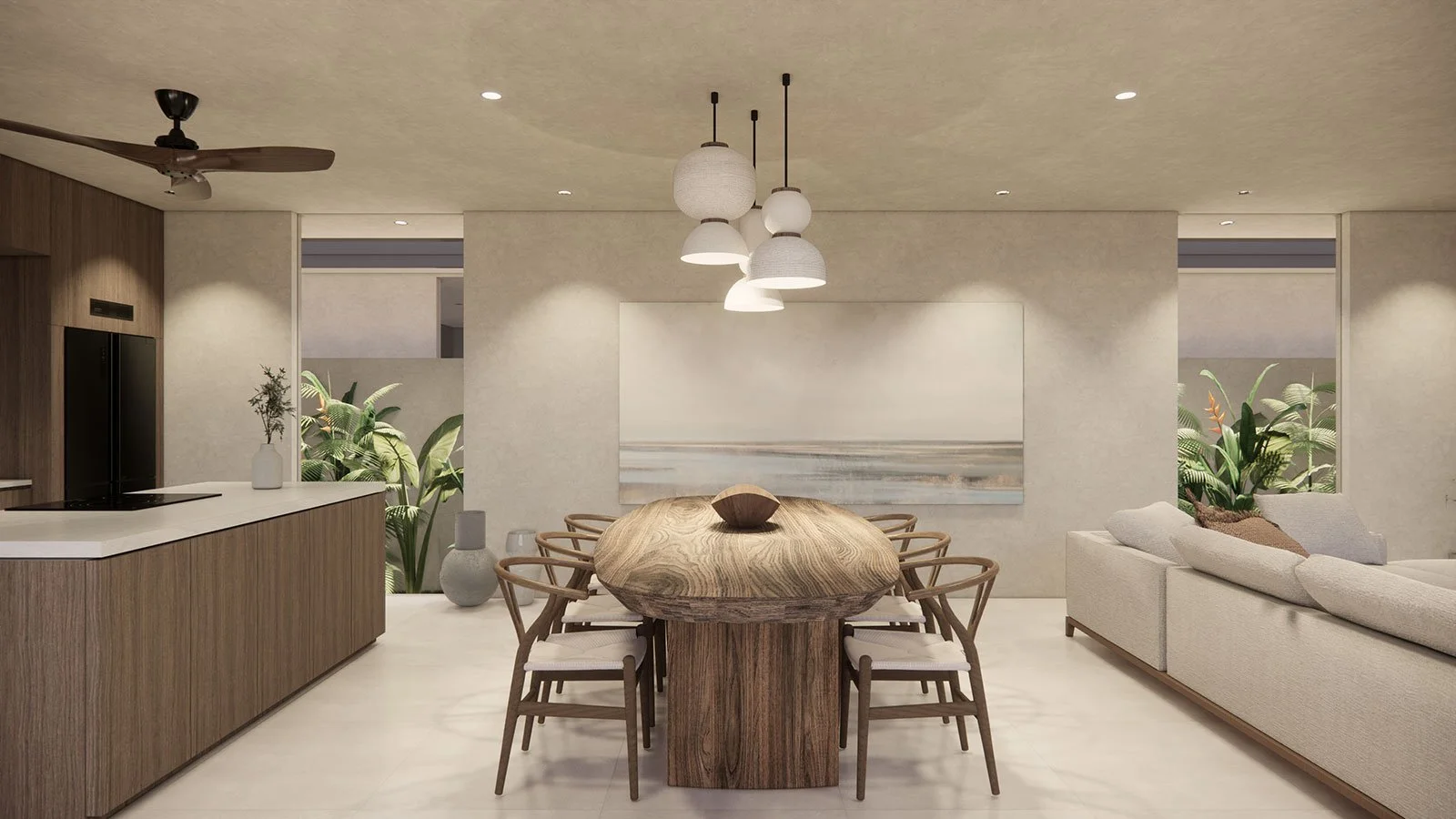 Modern open-concept dining and living room with a wooden dining table, six chairs, a white sofa, and tropical plants.