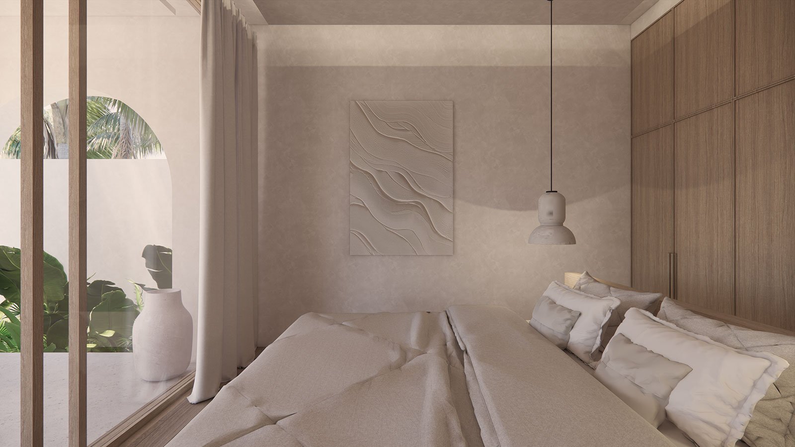 A modern bedroom with a bed, white pillows, a pendant light, wooden wall accents, a textured art piece, and a balcony with plants visible outside.