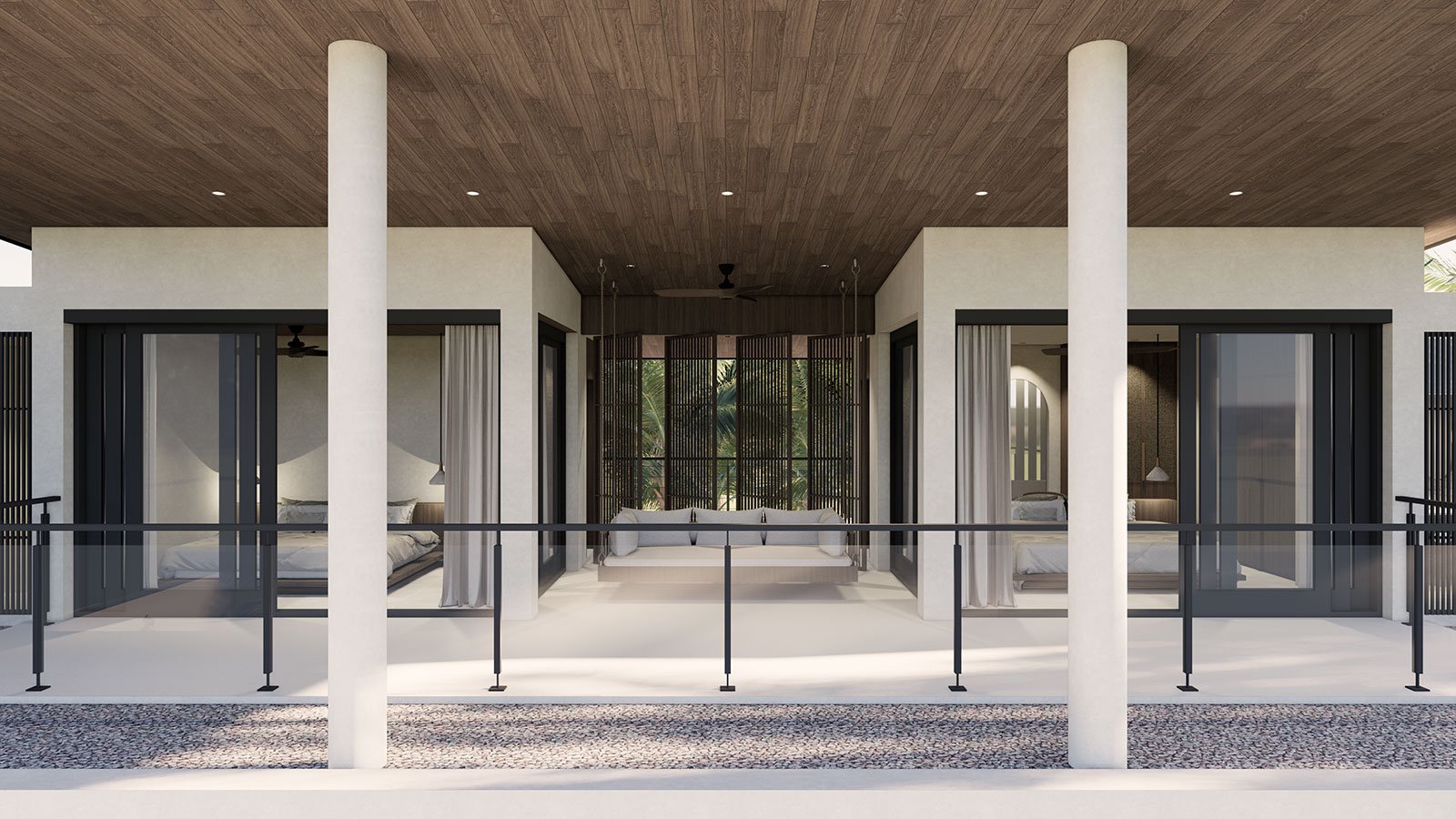 Balcony view of a modern house with white walls, black-framed glass doors, white curtains, wooden ceiling, and a porch swing with cushions.