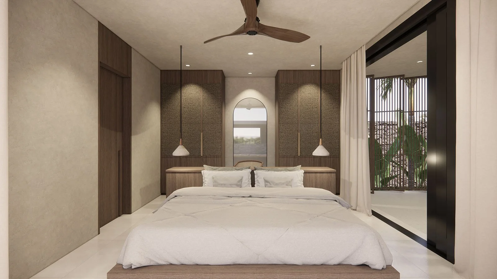 Modern bedroom with a bed, pendant lighting, ceiling fan, and sliding glass door with curtains leading to outdoor space with plants.