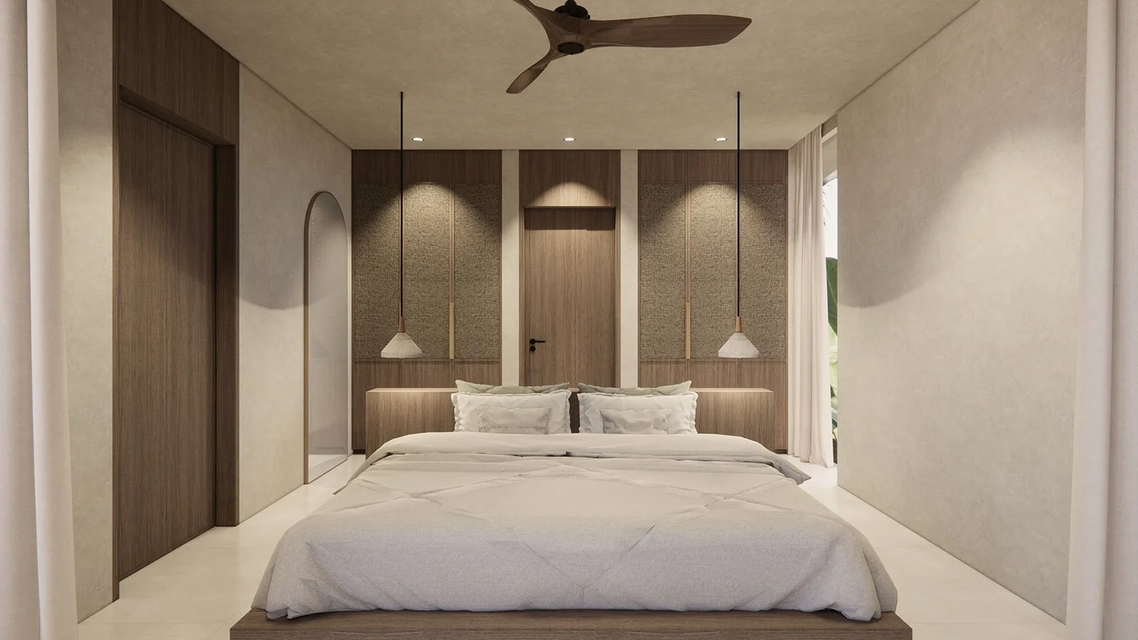 Modern bedroom with a king-sized bed, neutral color palette, wooden accent wall with hanging pendant lights, ceiling fan, and sliding doors with white curtains.
