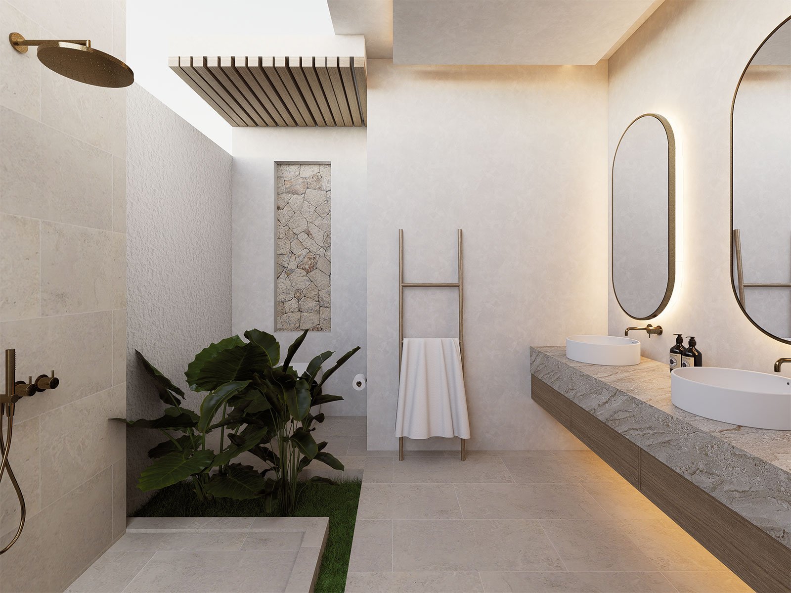 Modern bathroom with large walk-in shower, green plants, double sinks with round mirrors, natural stone countertop, and minimalistic decor.