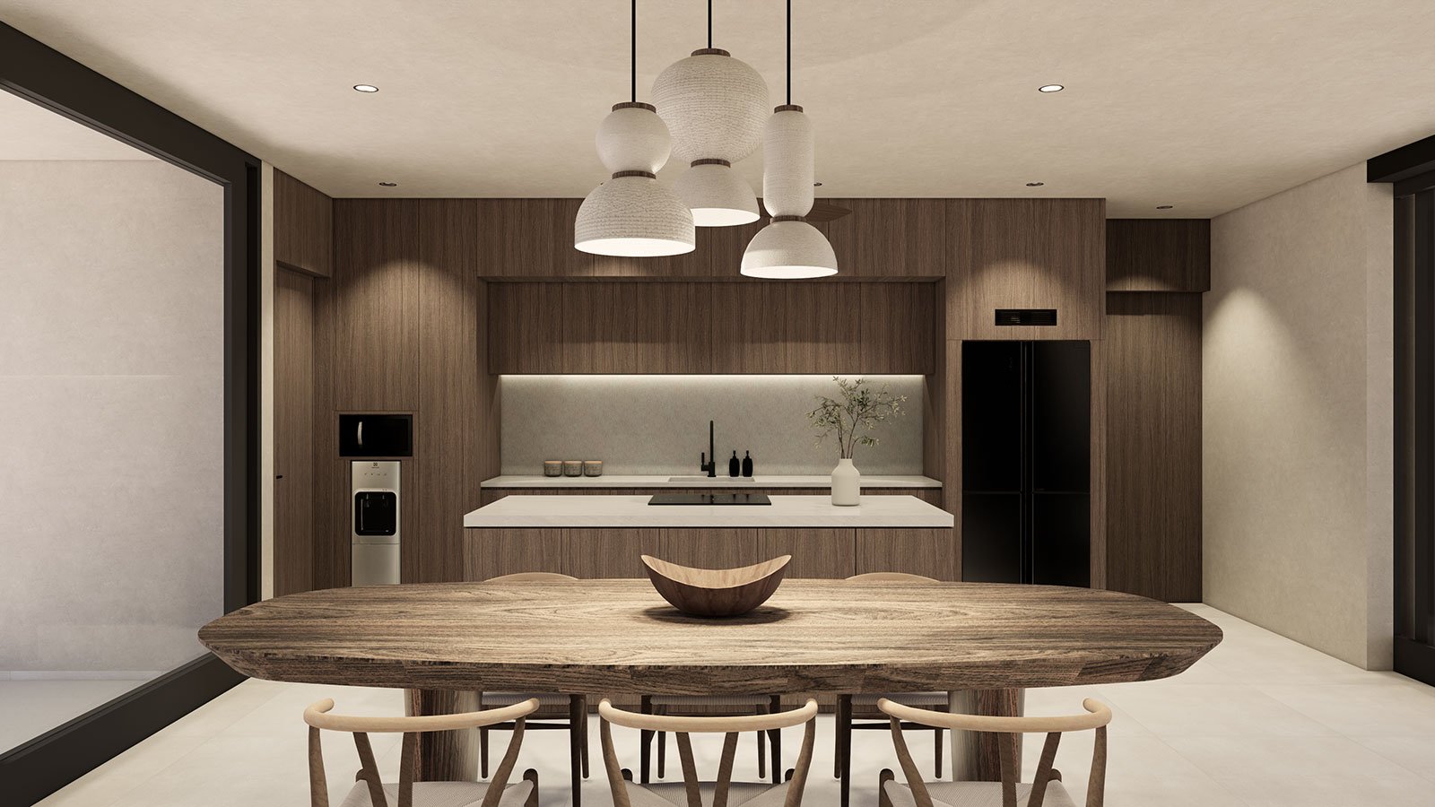 Modern kitchen with a wooden dining table and chairs, pendant lighting, and a minimalist design with wood and neutral tones.