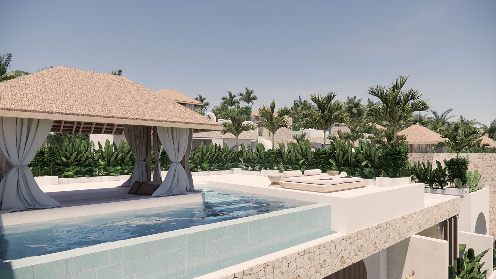 Luxury outdoor pool area with a shaded cabana, lounge chairs, lush greenery, palm trees, and modern architecture against a clear sky.