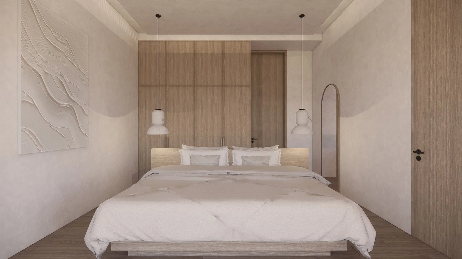 Minimalist bedroom with a large bed, wooden headboard, white bedding, two hanging pendant lights, a framed wall art piece, and a full-length mirror.