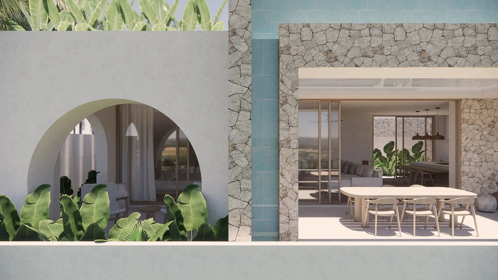 Modern house exterior with stone and tile walls, large sliding glass doors, and outdoor dining area with wooden table and chairs, surrounded by greenery.