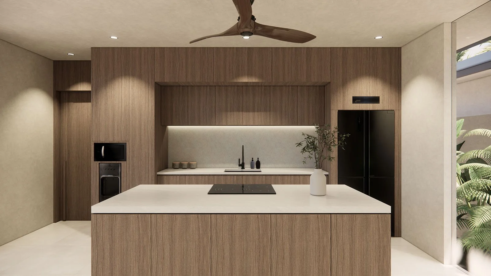 Modern kitchen with wooden cabinetry, white marble island, black refrigerator, built-in microwave, and decorative plant in a white vase.