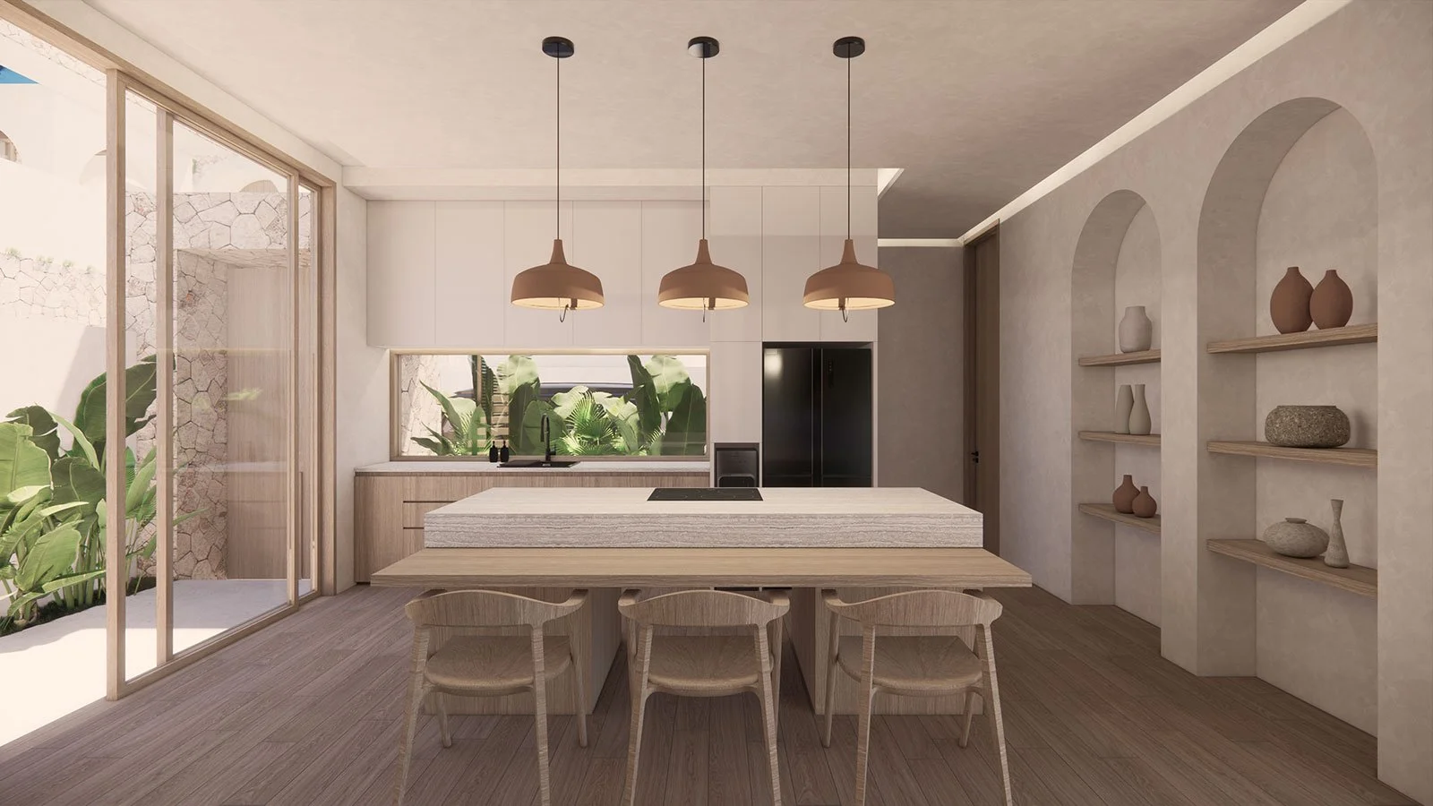 Modern kitchen with a wooden dining table, three matching chairs, hanging pendant lights, a large window showing outdoor greenery, built-in shelves with decorative vases, and a sliding glass door.