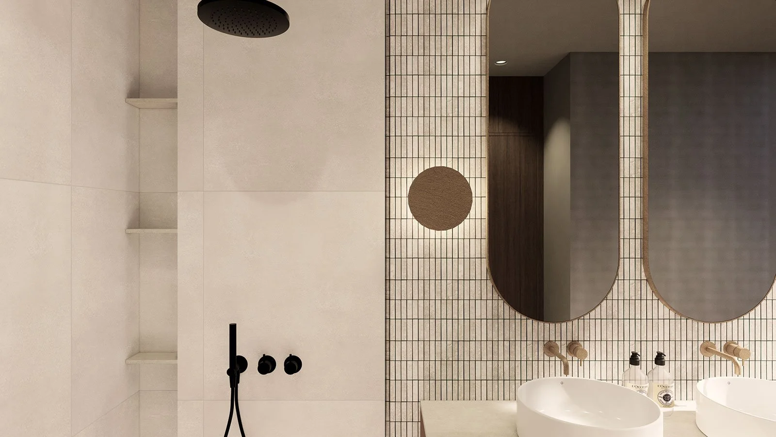 Modern bathroom with a beige and brown color scheme, featuring a walk-in shower with a black showerhead, a textured tiled wall with oval mirrors, and two white sinks with soap bottles.