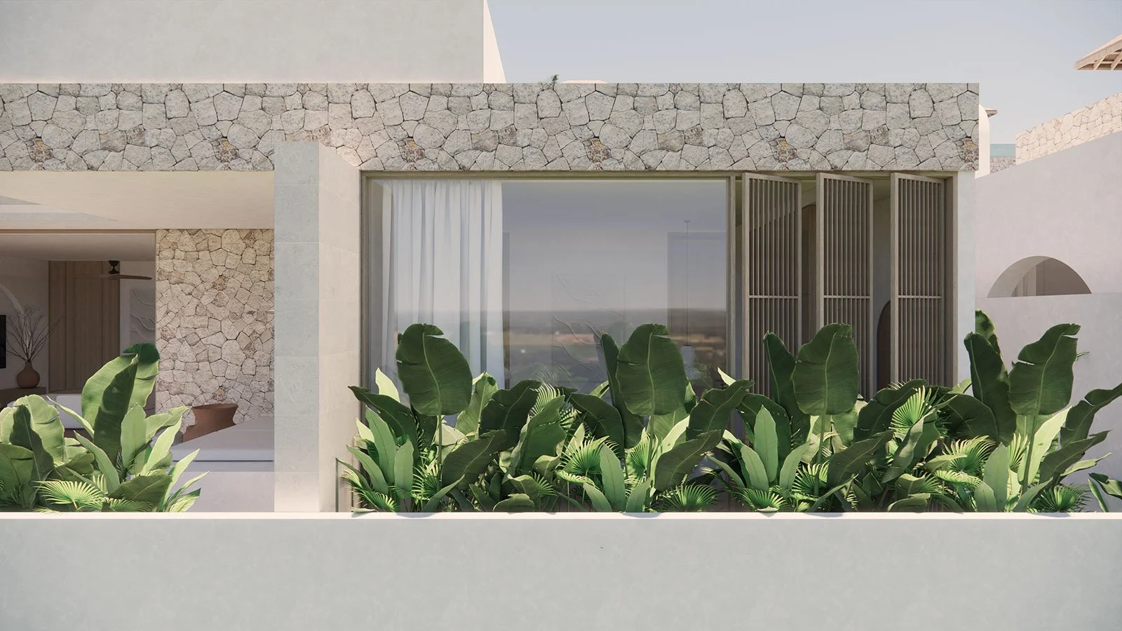 Modern house exterior with large glass window, stone accents, and lush green plants in front