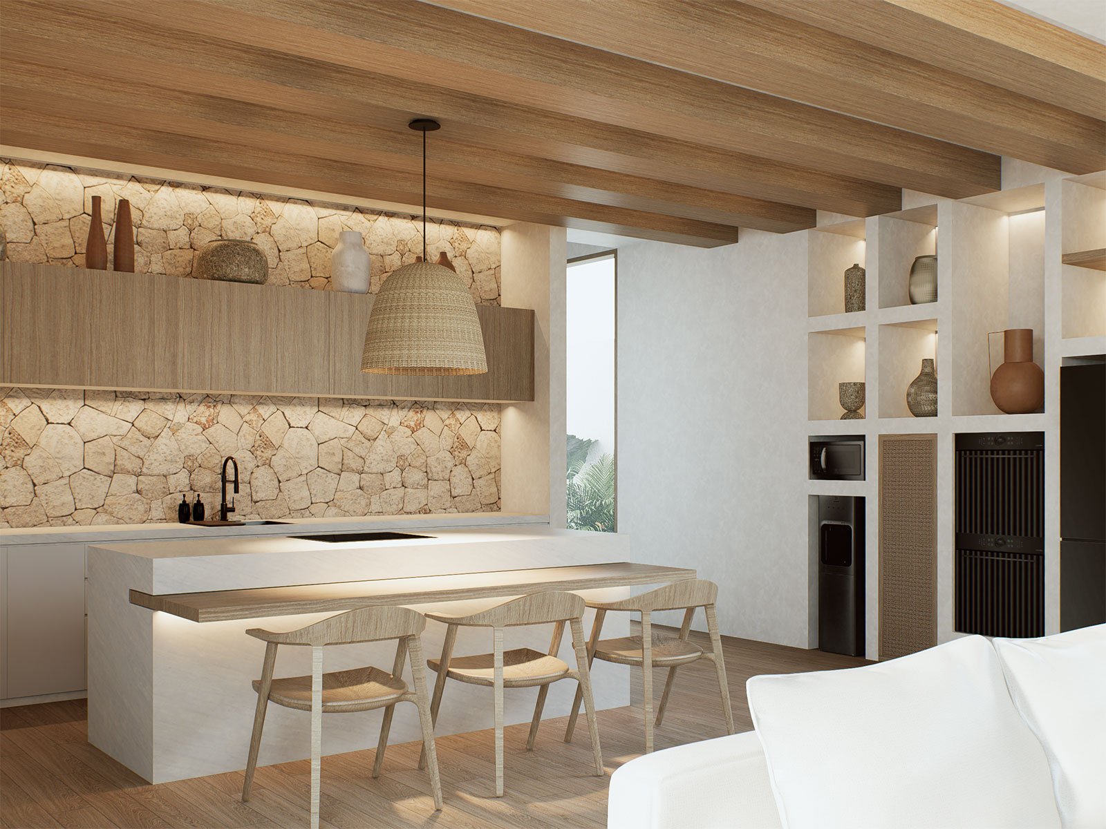 Modern kitchen with wooden ceiling beams, stone backsplash, white countertops, and a bar area with four wooden chairs. Shelves with vases and decorative items are on the wall, and a window lets in natural light.