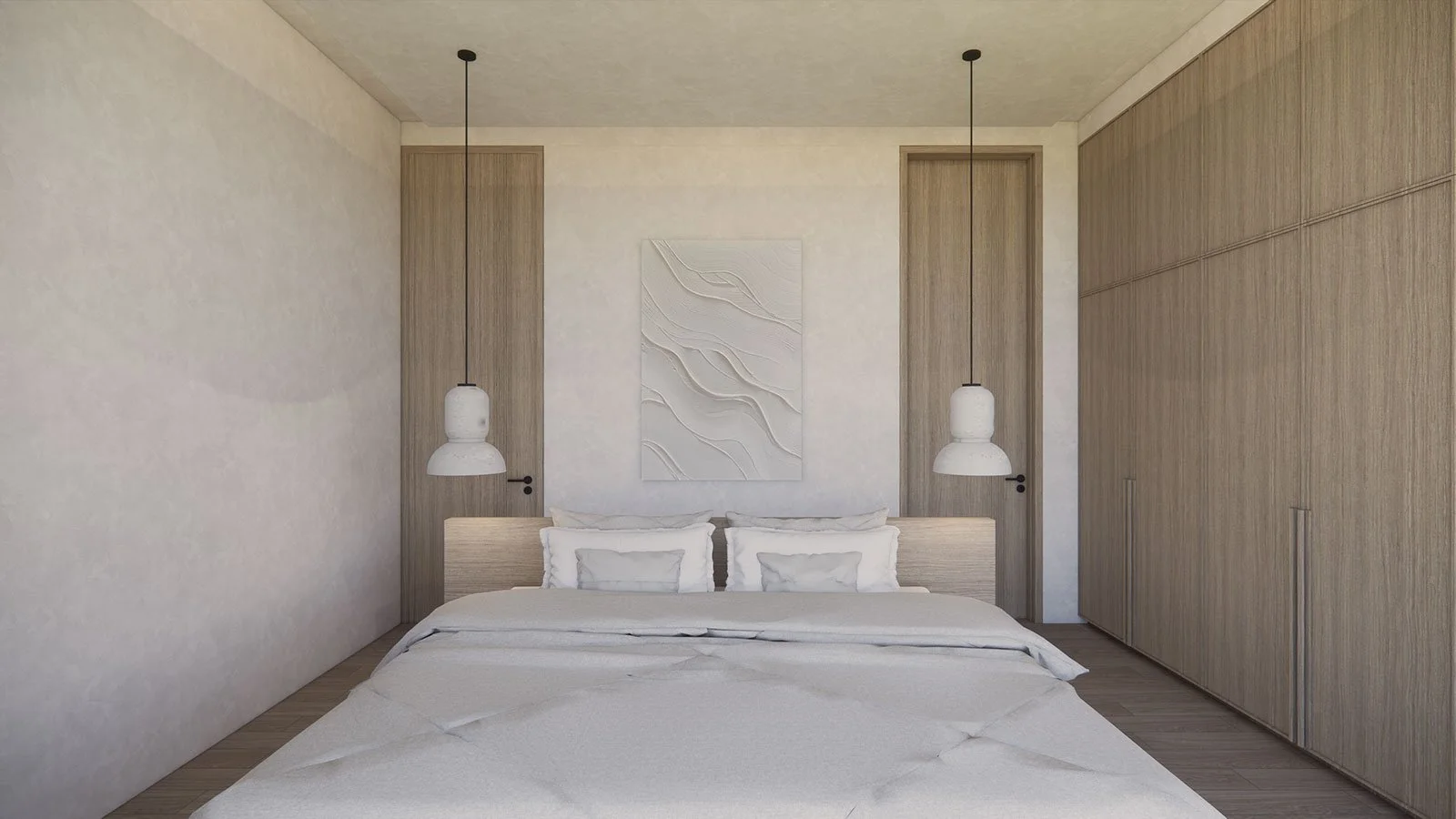 Minimalist bedroom with a bed, white bedding, and four pillows, two on each side, with two hanging pendant lights and a textured white artwork on the wall behind the bed. Wooden panels frame the wall and closet.