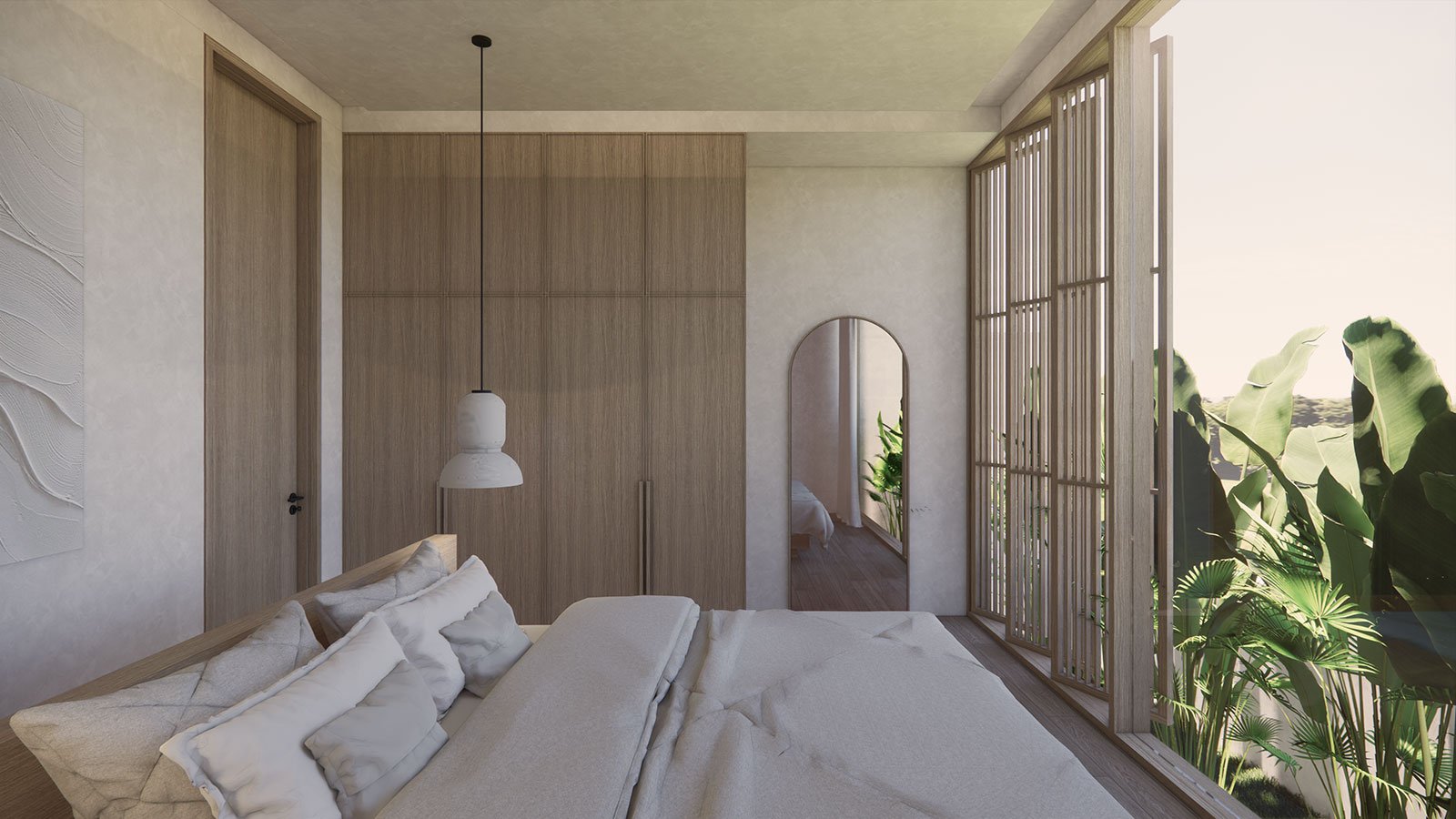 Modern bedroom with a bed, white bedding, wooden wardrobe, full-length mirror, and large windows with wooden slats overlooking greenery.