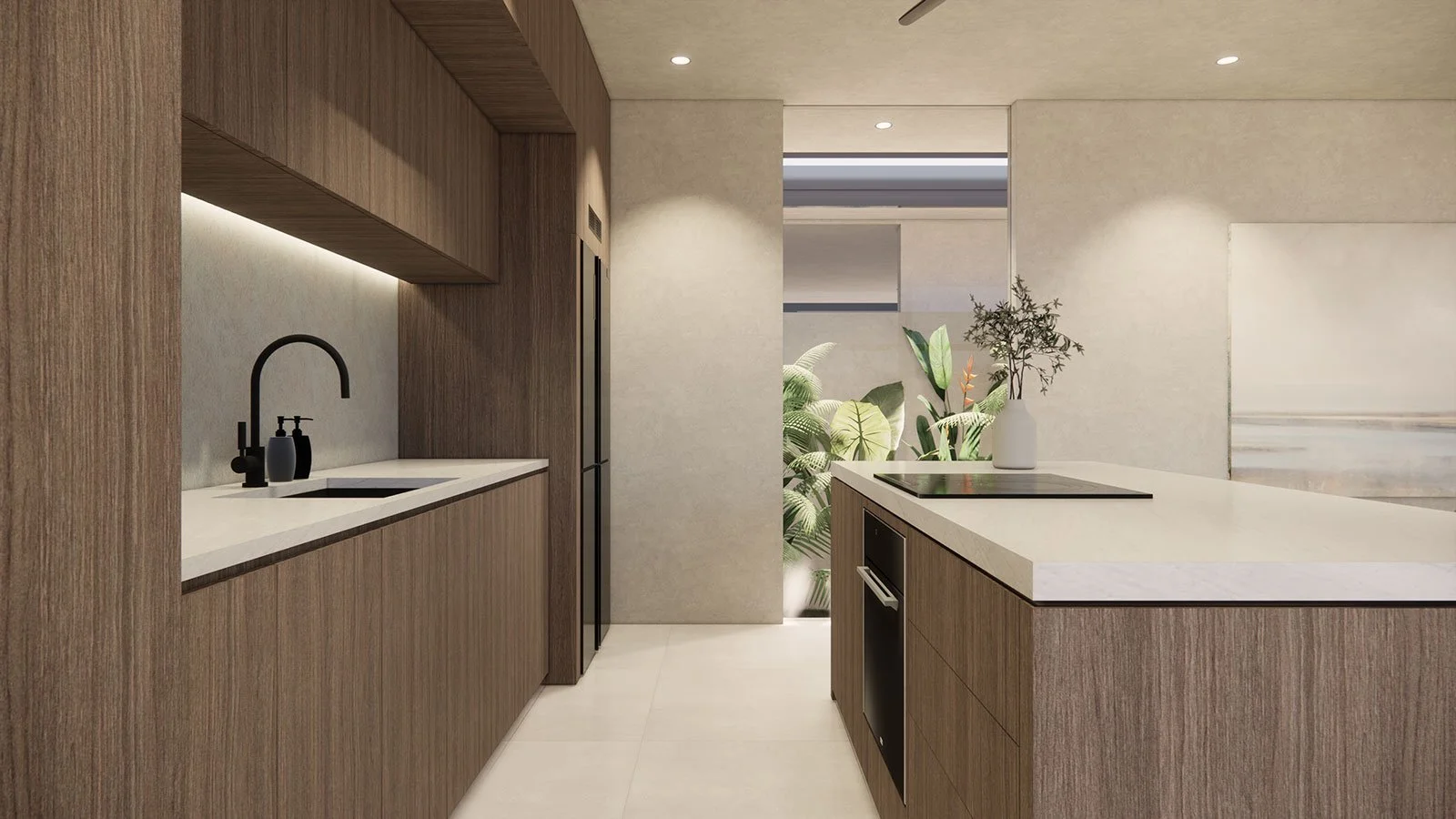 Modern kitchen with wood and white cabinetry, black faucet, built-in appliances, and decorative plant on island counter